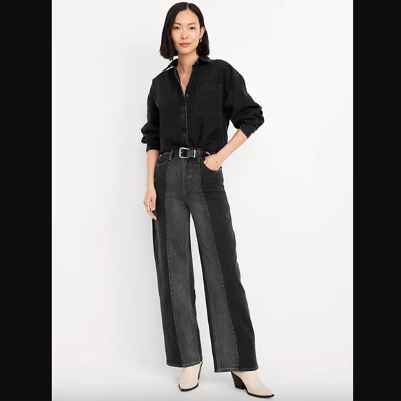 Old Navy Black Colorblock Extra High-Waisted Wide-Leg Jeans 4 - Picture 1 of 5